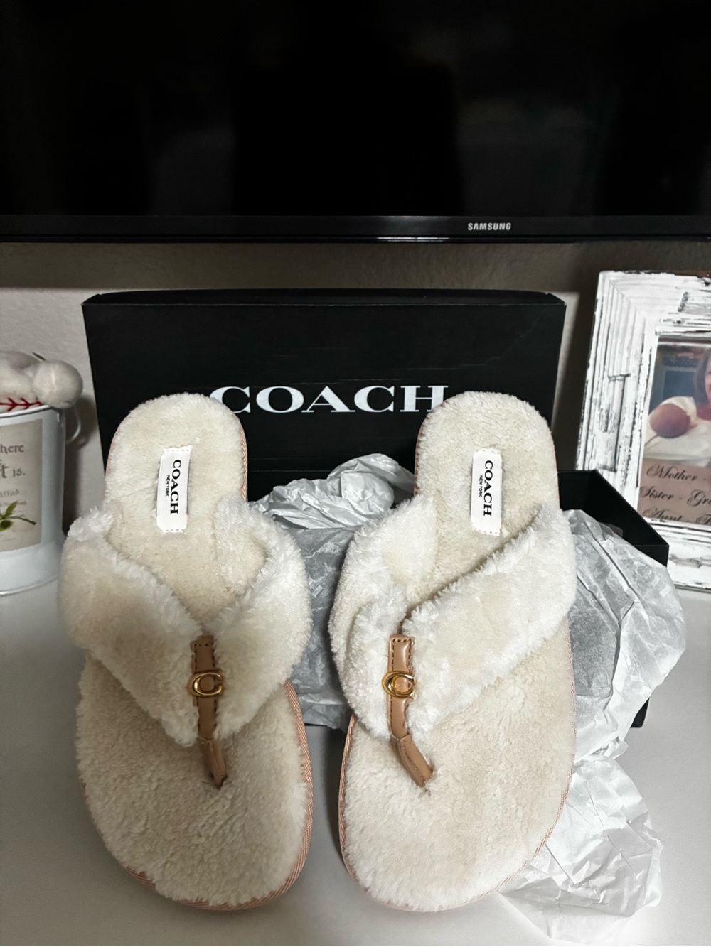 Coach Cream Shearling Thong Sandals with Gold Hardware